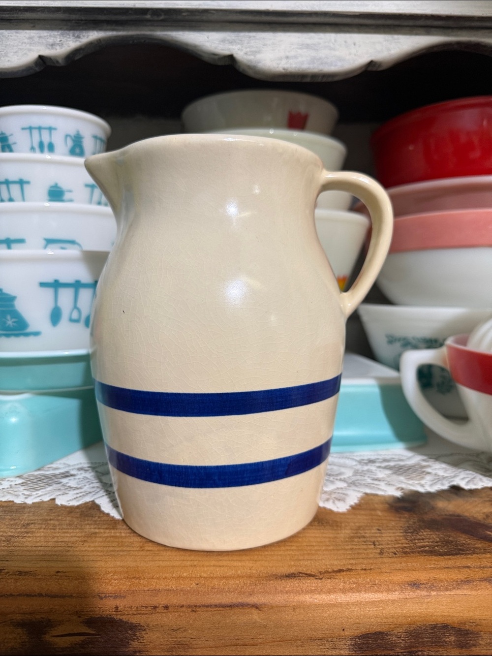 Robinson-Ransbottom Cream Pitcher with Blue Bands 2qt large glazed